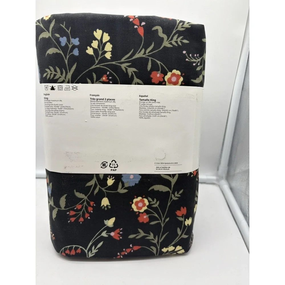 New IKEA BRUDKRUSBAR King Duvet Cover & Pillowcase Black Floral 106.148.24